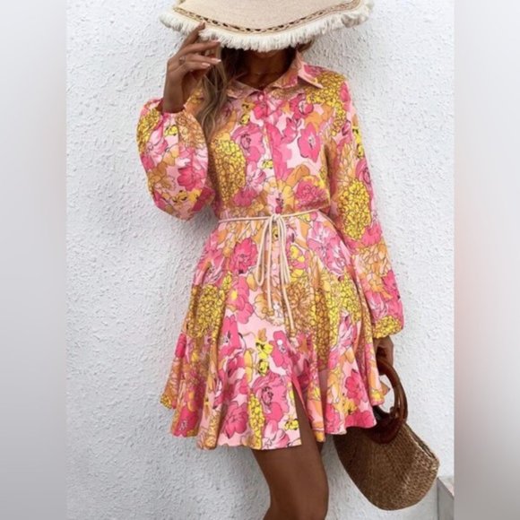 Boho Floral Print Lantern Sleeve Belted Shirt Dress 50% OFF - Picture 3 of 8